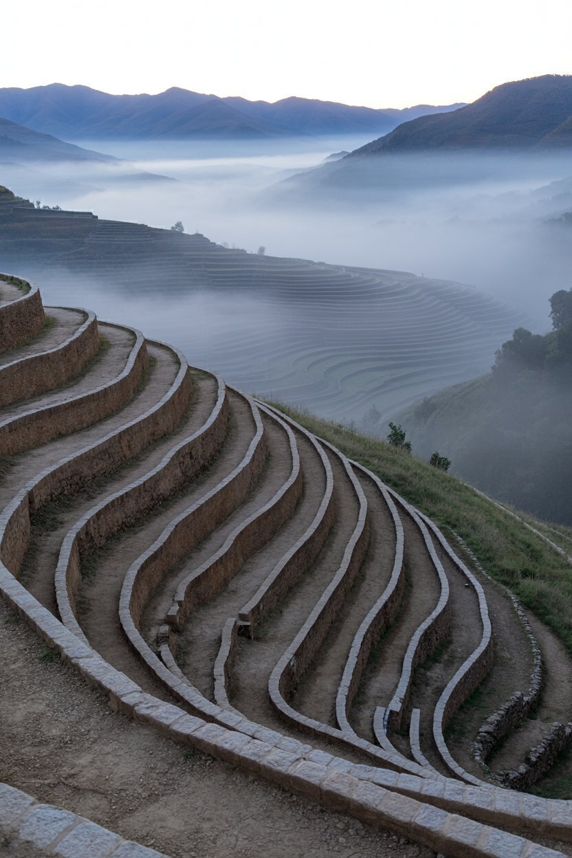 Free Ancient Mountain Rice Terraces in Mist 4K