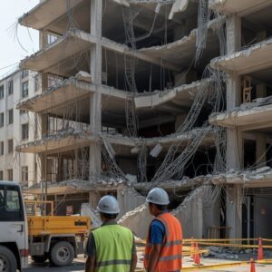 Building Demolition Site with Construction Workers and Safety Equipment