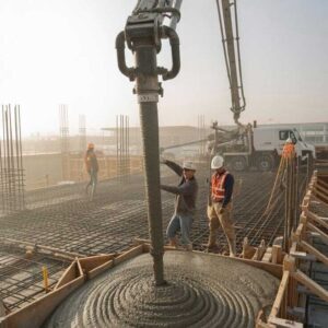 Concrete Pump Placement with Boom Arm and Construction Workers