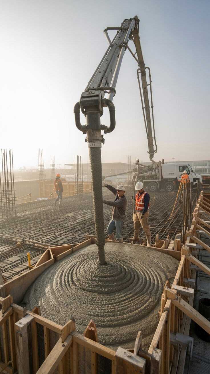 Concrete Pump Placement with Boom Arm and Construction Workers