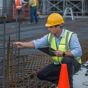 Construction Site Inspector Inspecting Reinforcement Steel with Clipboard