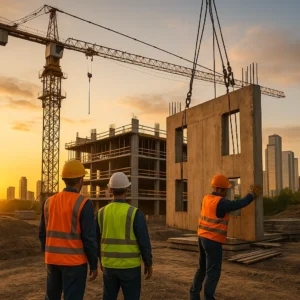 Construction Stock Photo – Workers & Crane at Building Site (4K, Commercial Use)