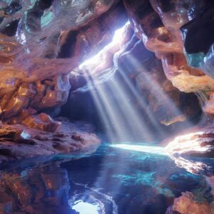 Crystal Cave with Light Beams and Glowing Formations (4K) – Free CC0 Stock Photo