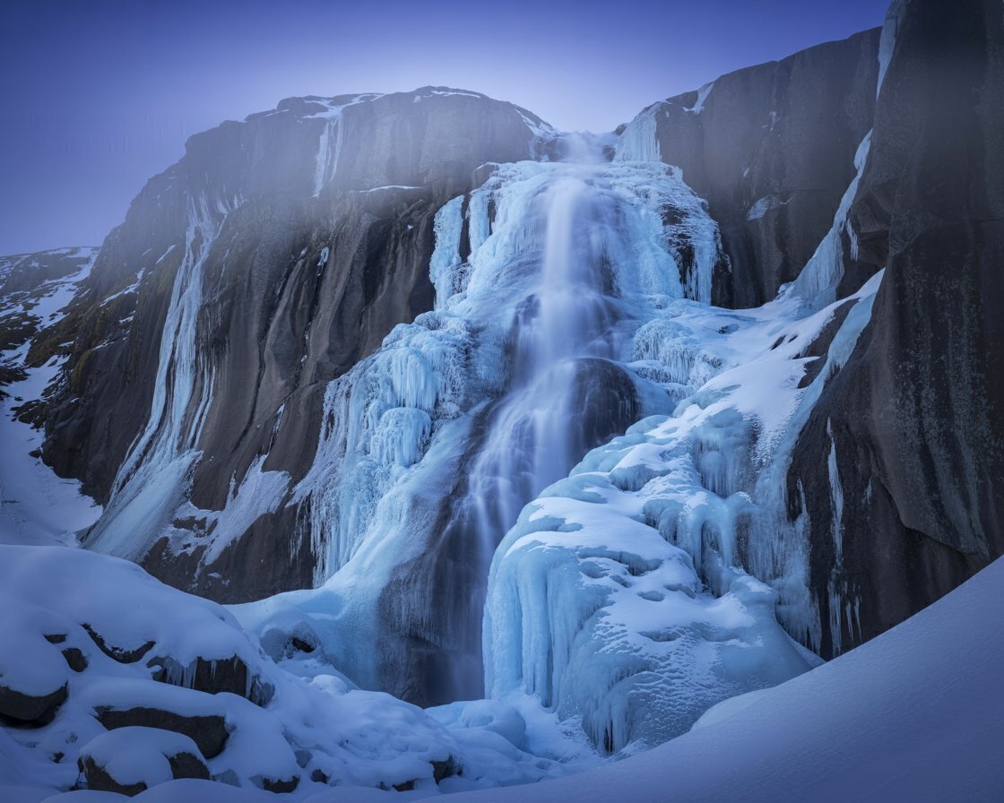 Frozen Waterfall and Icy Mountain Landscape 4K Wallpaper