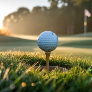 Sunrise Golf Shot – Ball on Tee with Sparkling Dew Drops (Free High-Res Photo)