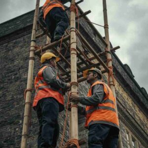 Heritage Building Restoration with Bamboo Scaffolding and Workers