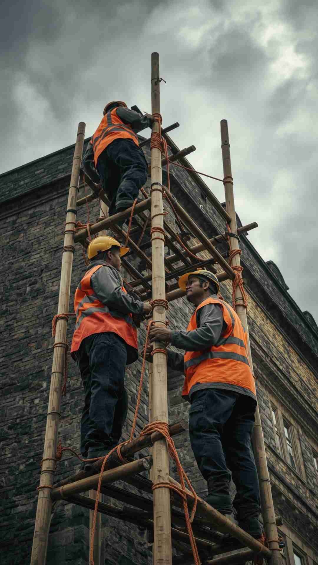 Heritage Building Restoration with Bamboo Scaffolding and Workers