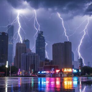 Lightning Strike Over City Skyline with Multiple Thunderbolts (4K) – Free CC0 Stock Photo