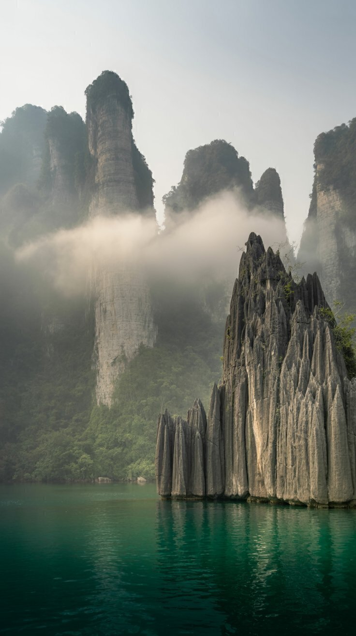 Limestone Spires Misty Mountain Lake – Free Download 4K