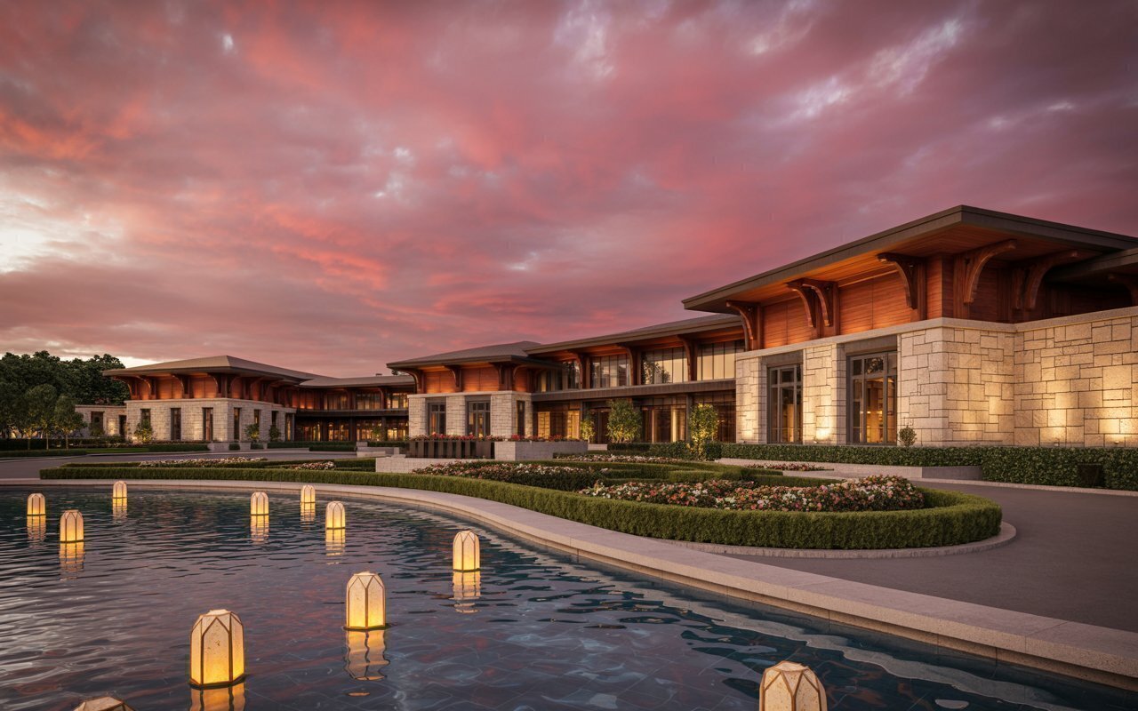 Luxury Golf Clubhouse Sunset Wallpaper - Free Download 4K