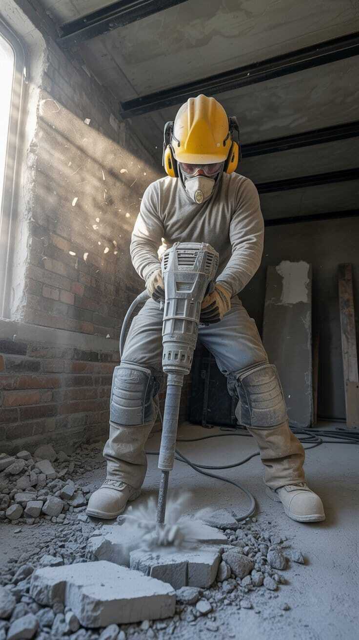 Pneumatic Jackhammer Worker Demolishing Concrete Foundation Wall