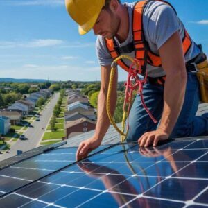 Solar Panel Installation Technician Working on Rooftop with Safety Harness
