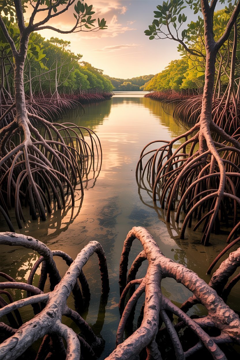 Free Sunset Mangrove Waterway with Twisted Roots 4K