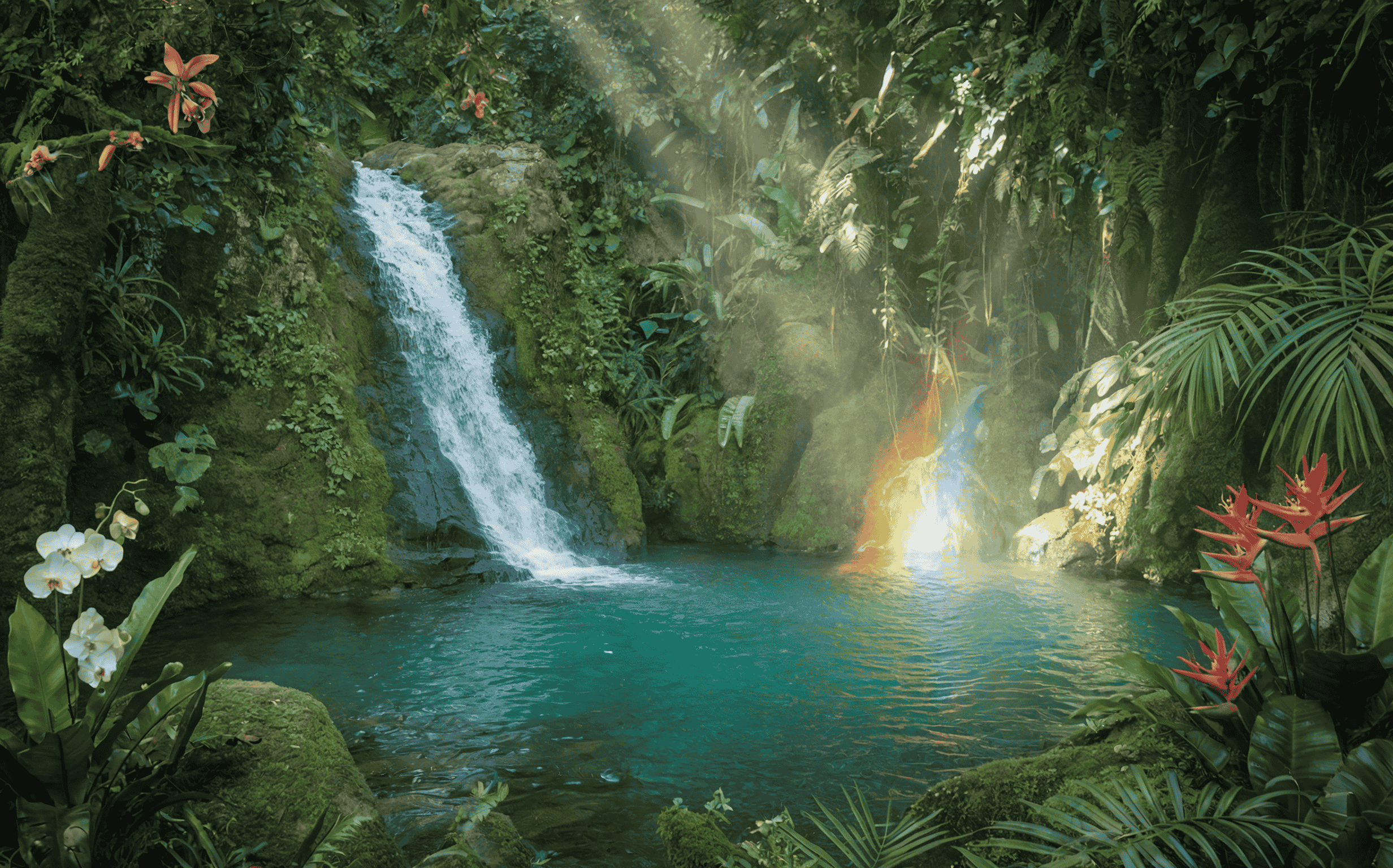 Beautiful Jungle Waterfall and Crystal Pool with Rainbow Spray – Free 4K Image
