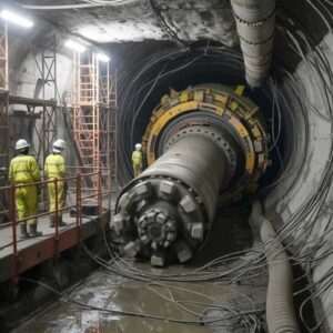 Tunnel Boring Machine Installation with Workers in Industrial Underground Excavation