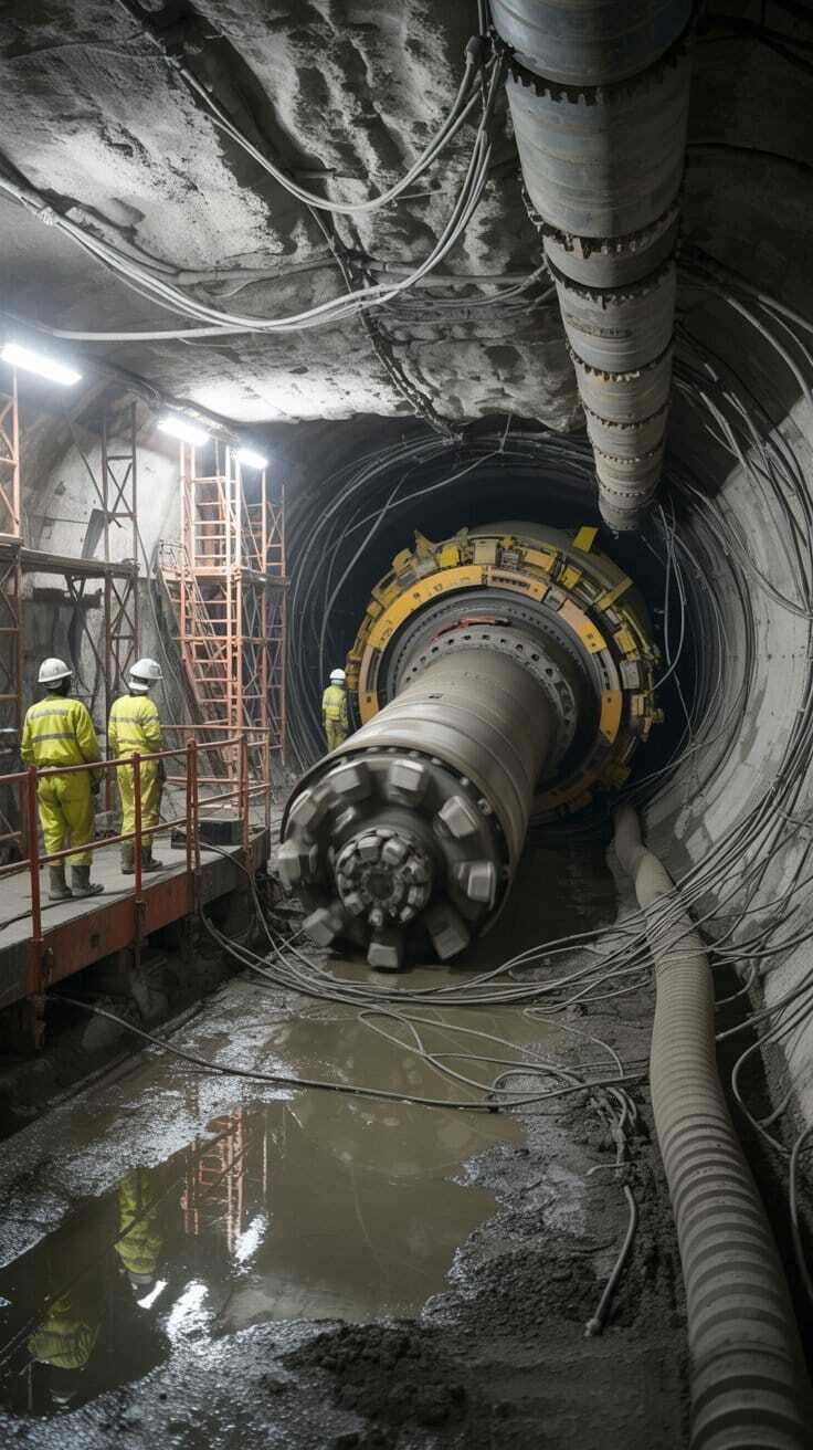 Tunnel Boring Machine Installation with Workers in Industrial Underground Excavation