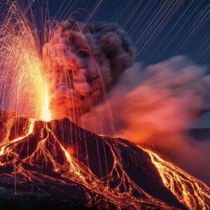 Volcanic Eruption at Night with Fiery Lava and Star Trails (4K) – Free CC0 Stock Photo
