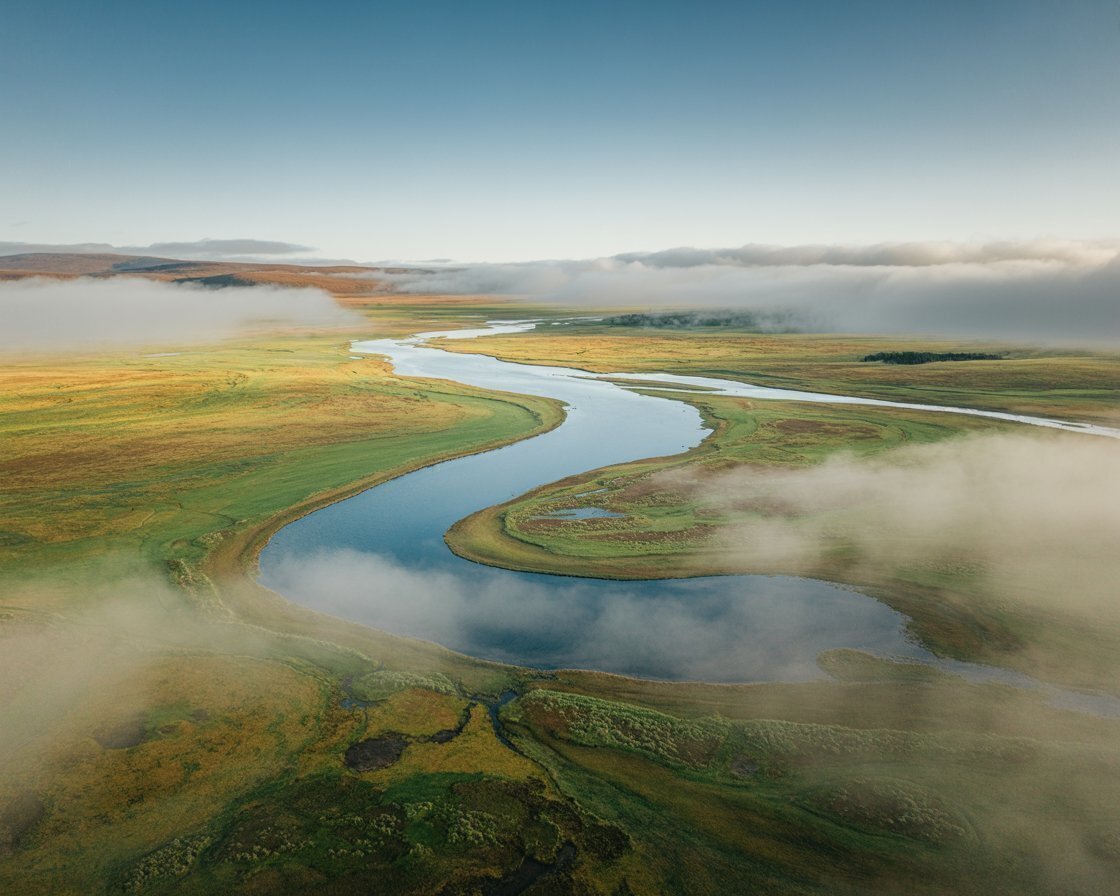 Free Winding River Valley Wallpaper - Misty Aerial 4K View