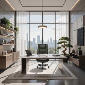 Luxury High-Rise Executive Office with Panoramic City Views and Bonsai