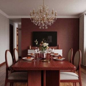 Elegant Burgundy Dining Room with Crystal Chandelier and Wood Table