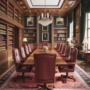 Luxury Law Library Conference Room with Mahogany Wood and Crystal Chandelier