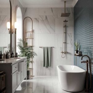 Modern Luxury Bathroom with Marble Tiles and Soaking Tub - Free Stock Photo