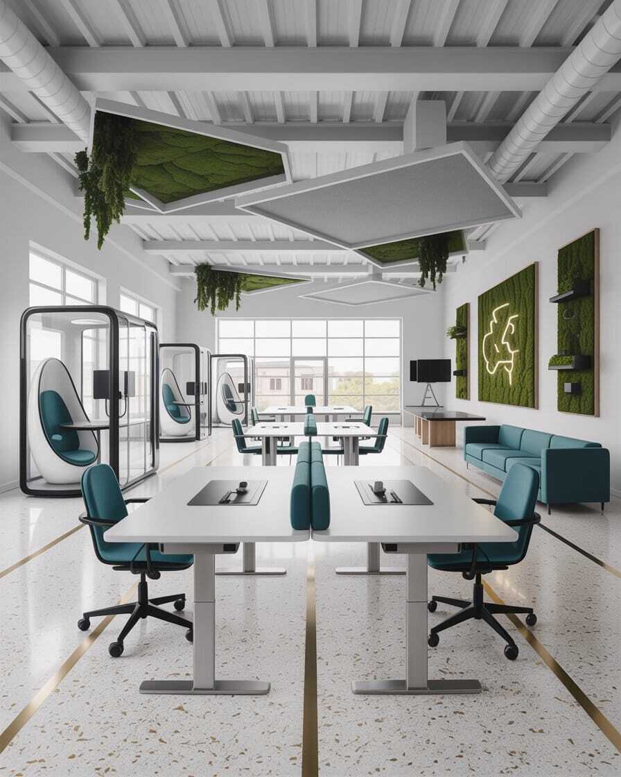 Modern Corporate Open Office with Green Walls and Teal Ergonomic Seating