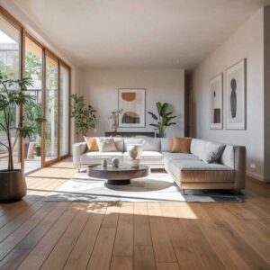 Modern Living Room with Sectional Sofa, Hardwood Flooring and Sunlight