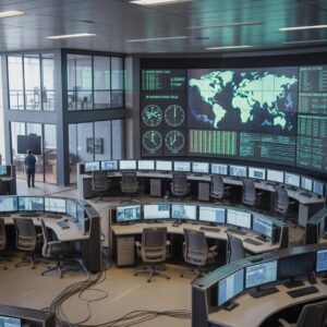 High-Tech Global Operations Command Center with Multiple Display Screens