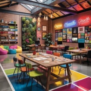 Vibrant Creative Office with Colorful Flooring, Neon Signs and Bean Bags