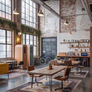 Industrial Co-Working Space with Brick Walls, Vintage Decor and Natural Light