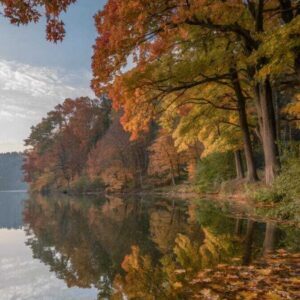 Scenic autumn lake landscape with vibrant fall trees and mirror reflection