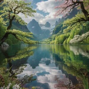 Alpine lake landscape with spring blossoms, cherry trees and mountain peaks