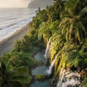 Tropical coastal waterfall with palm trees and pristine beach landscape
