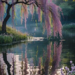 Purple wisteria willow tree over pond with mirror water reflection