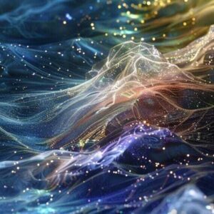 Holographic 3D digital ocean waves with sparkling particles abstract art