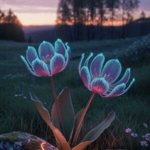 Glowing Fantasy Flowers at Twilight with Neon Butterfly Light Trails, Mobile Wallpaper