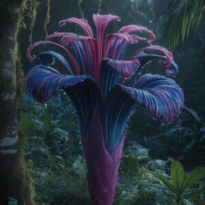 Giant Purple Exotic Jungle Flower with Rain Drops in Misty Rainforest