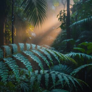 Sun rays through lush tropical rainforest fern with morning dew
