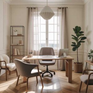 Scandinavian Home Office with Natural Wood Desk and Minimalist Design