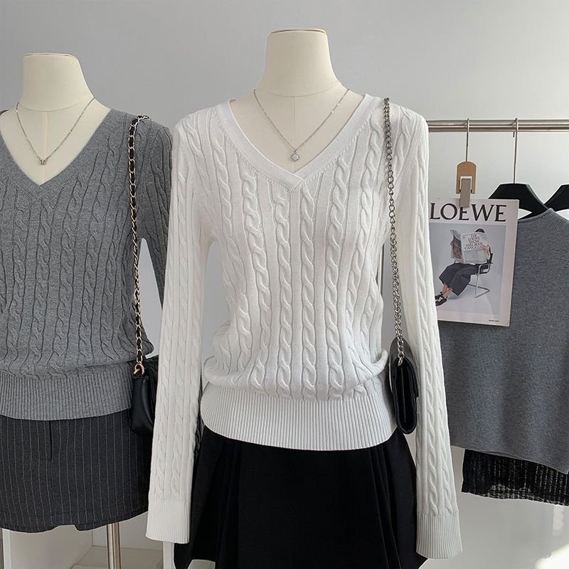 V-neck Sweater Womens Preppy-Style Long-Sleeve Minimalist Knit Top - Image 2