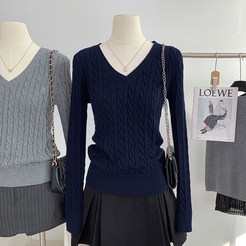 V-neck Sweater Womens Preppy-Style Long-Sleeve Minimalist Knit Top - Image 4