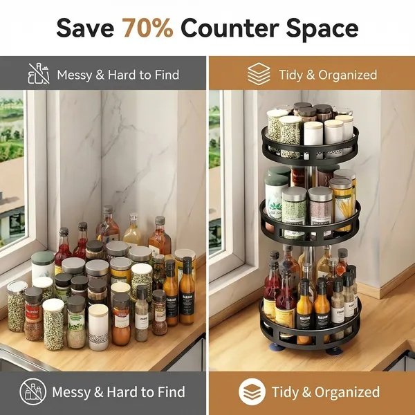 3-Tier Rotating Spice Rack Organizer – Carbon Steel 360° Metal Turntable, Multifunctional Kitchen Seasoning & Condiment Storage Rack, Space-Saving Countertop Spice Jar Organizer - Image 5