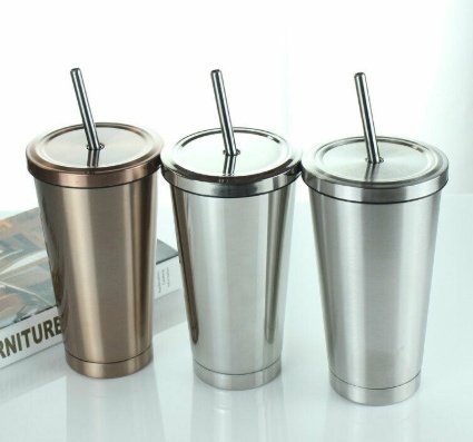 500ML Stainless Steel Empty Tumbler Coffee Cup Mug with Straw Lids Drinking Bottles - Image 2