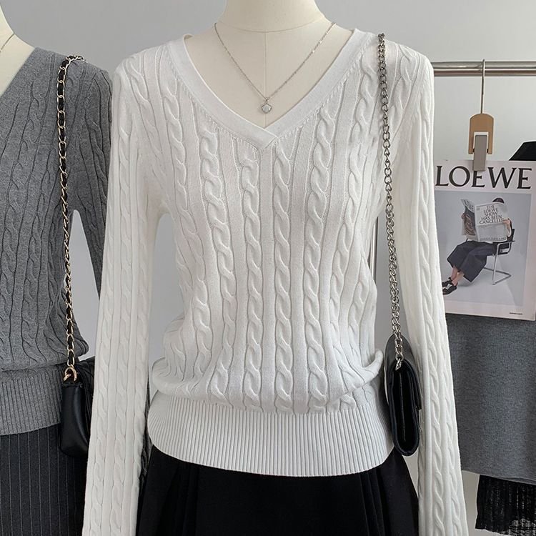 V-neck Sweater Womens Preppy-Style Long-Sleeve Minimalist Knit Top - Image 7