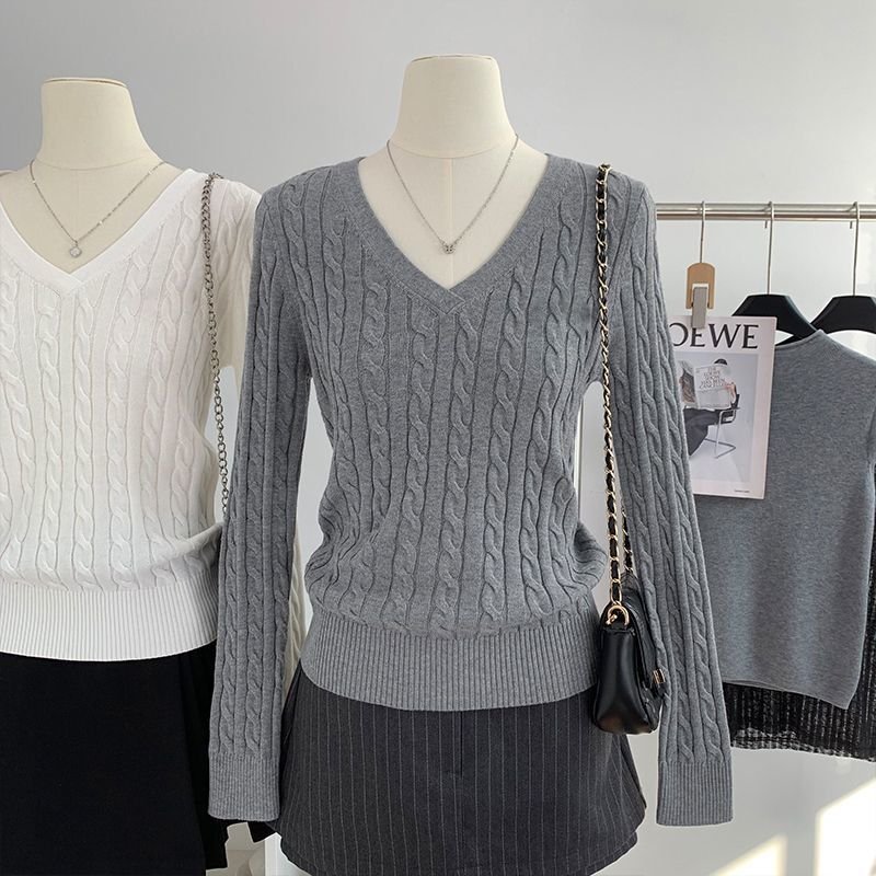 V-neck Sweater Womens Preppy-Style Long-Sleeve Minimalist Knit Top - Image 3