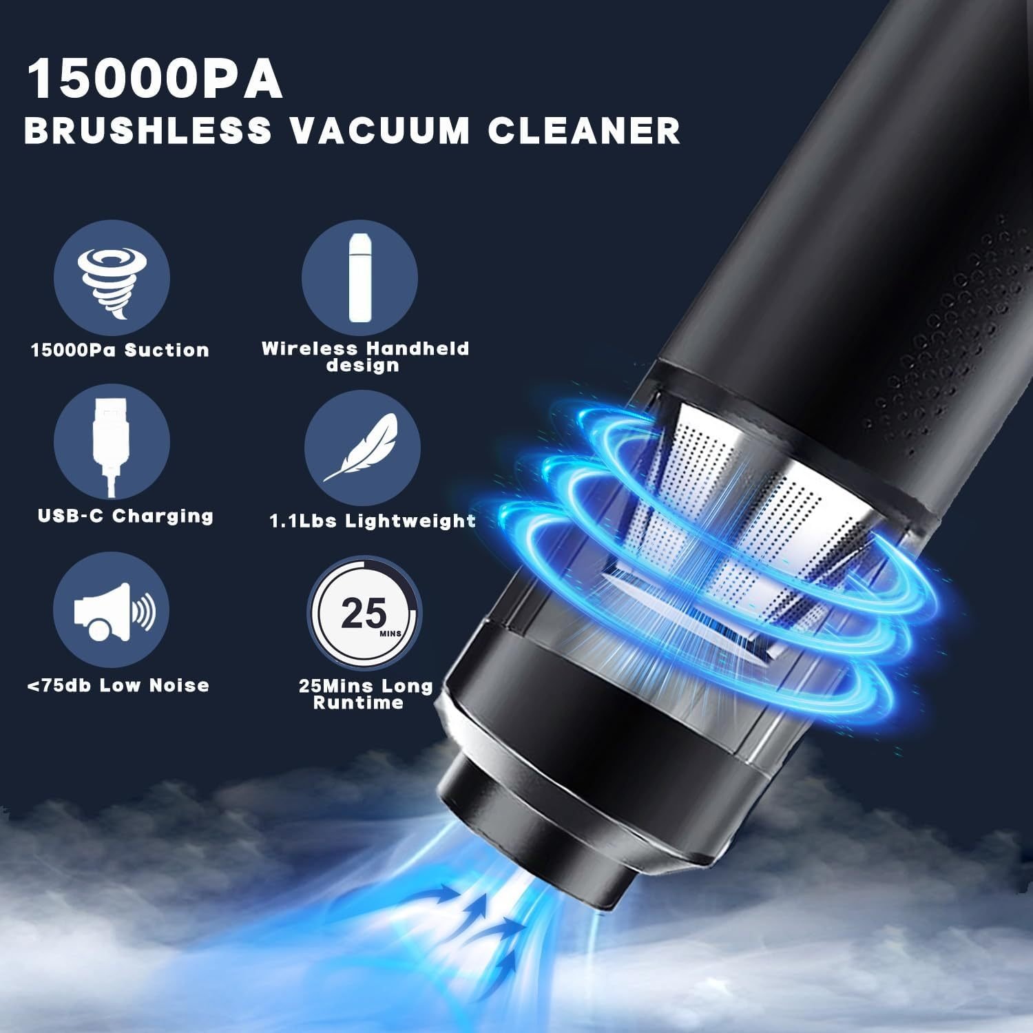 Brushless Car Vacuum Cleaner, 15000Pa, Cordless, 2 Speeds, Type-C Fast Charging, Handheld Car Home Portable Handheld Vacuum Cleaner - Image 5