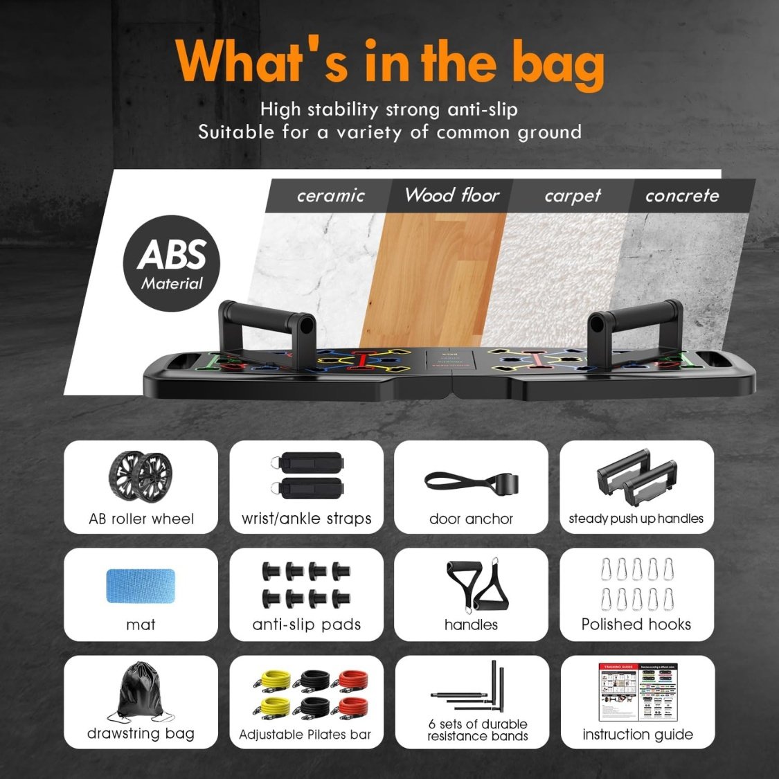 PUsh Up Board,Home Gym,Portable Exercise Equipment,Pilates Bar And 20 Fitness Accessories With Resistance Bands And Ab Roller Wheel,Full Body Workout - Image 3
