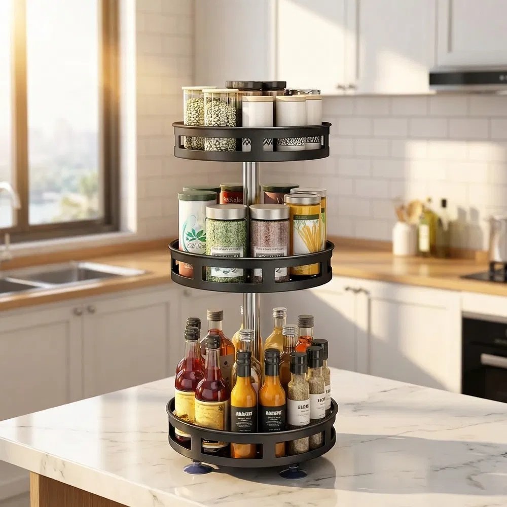 3-Tier Rotating Spice Rack Organizer – Carbon Steel 360° Metal Turntable, Multifunctional Kitchen Seasoning & Condiment Storage Rack, Space-Saving Countertop Spice Jar Organizer - Image 6