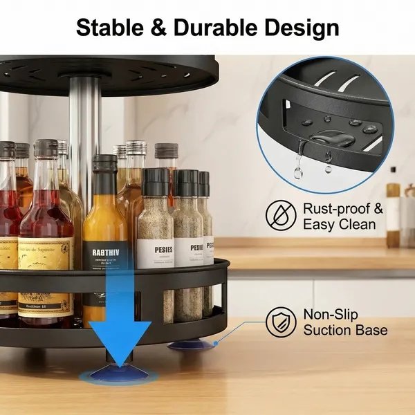 3-Tier Rotating Spice Rack Organizer – Carbon Steel 360° Metal Turntable, Multifunctional Kitchen Seasoning & Condiment Storage Rack, Space-Saving Countertop Spice Jar Organizer - Image 3